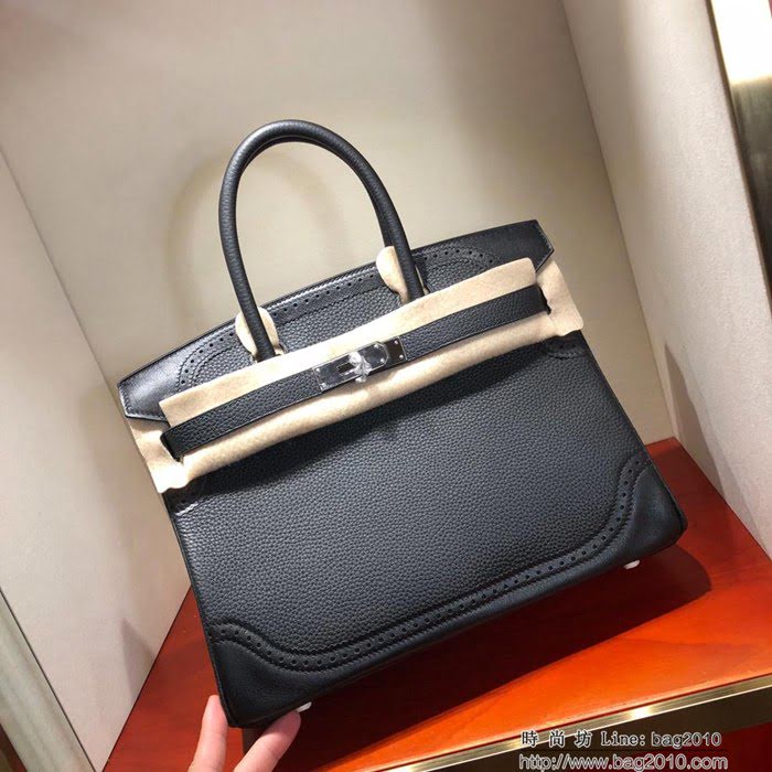 HERMES愛馬仕 鉑金包 Birkin Ghillies 30Cm Swif拼Tc 89 Noir 黑色 銀扣 頂級工藝 手縫蠟線 時尚手提包  Ama1594